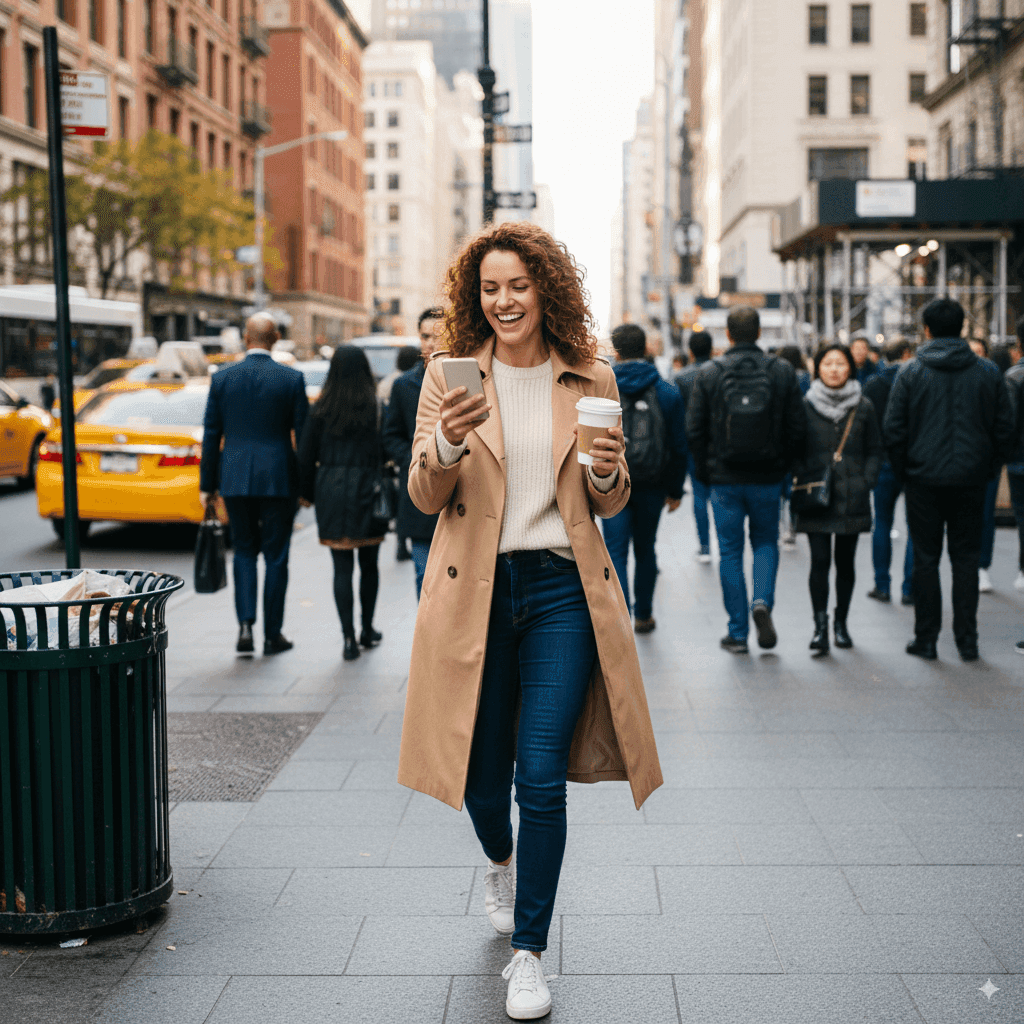 Sales analyst checking insights on her phone while walking